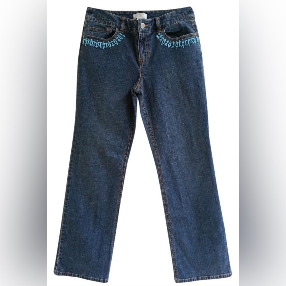 EUC Ann Taylor Loft Beaded Straight Boot Leg Jeans Low Mid Rise Womens Size 4P 4